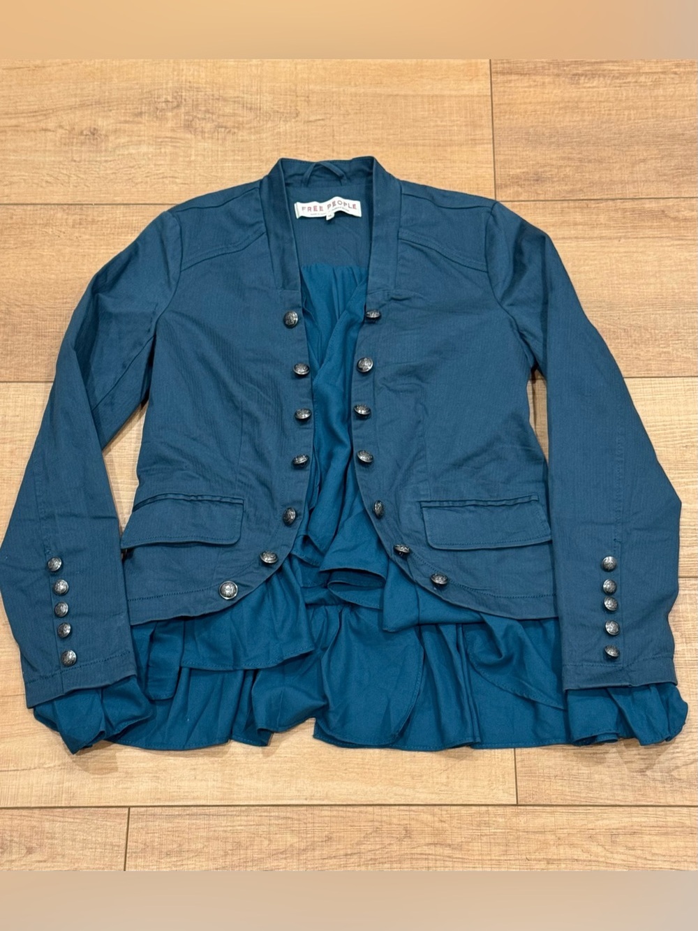Free People Military Ruffle Peplum Jacket Teal Blue XS Double Breasted Blazer